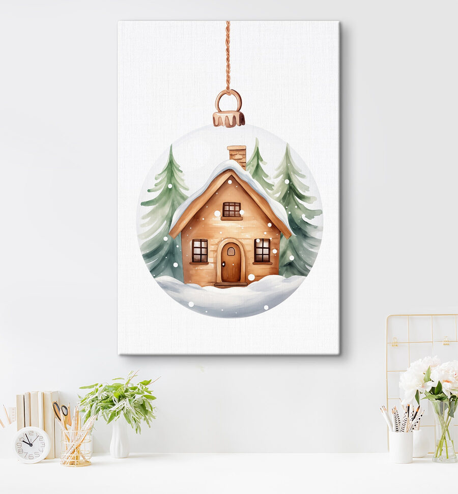 Boule de verre avec une maison et des arbres à l'intérieur