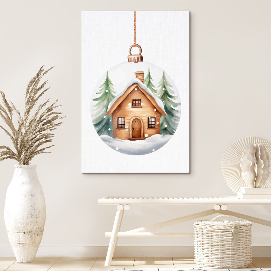 Boule de verre avec une maison et des arbres à l'intérieur