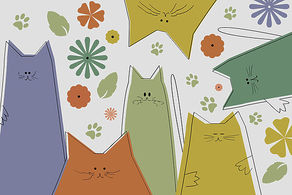 Groupe de chats avec des fleurs et des feuilles Groupe de chats avec des fleurs et des feuilles