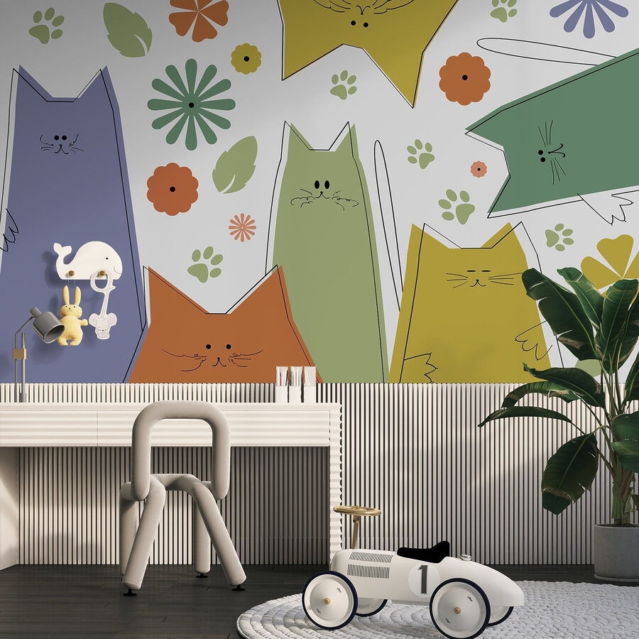 Groupe de chats avec des fleurs et des feuilles