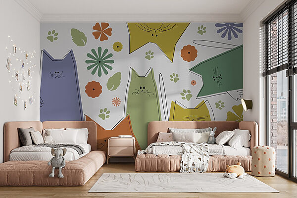 Groupe de chats avec des fleurs et des feuilles Groupe de chats avec des fleurs et des feuilles