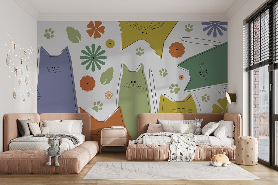 Groupe de chats avec des fleurs et des feuilles