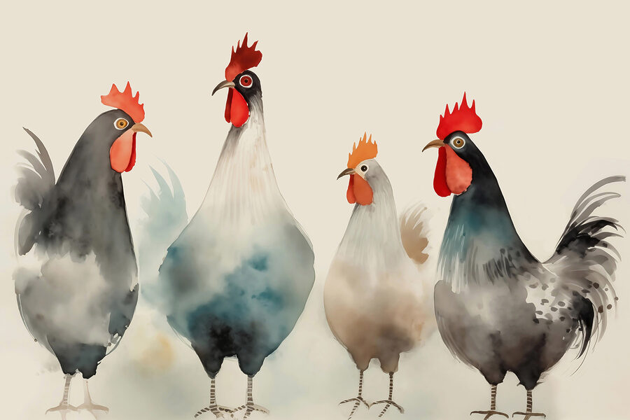 Groupe de poulets aux plumes rouges et blanches