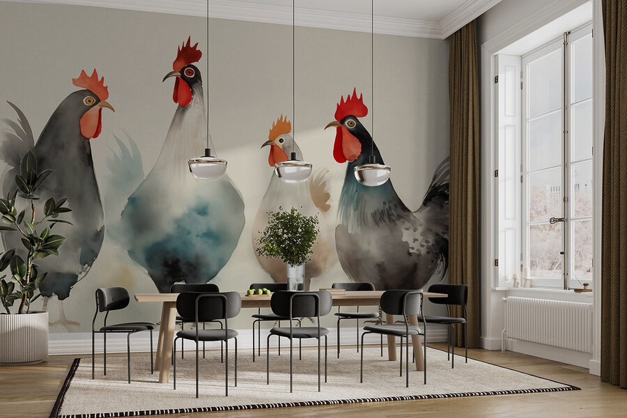 Groupe de poulets aux plumes rouges et blanches