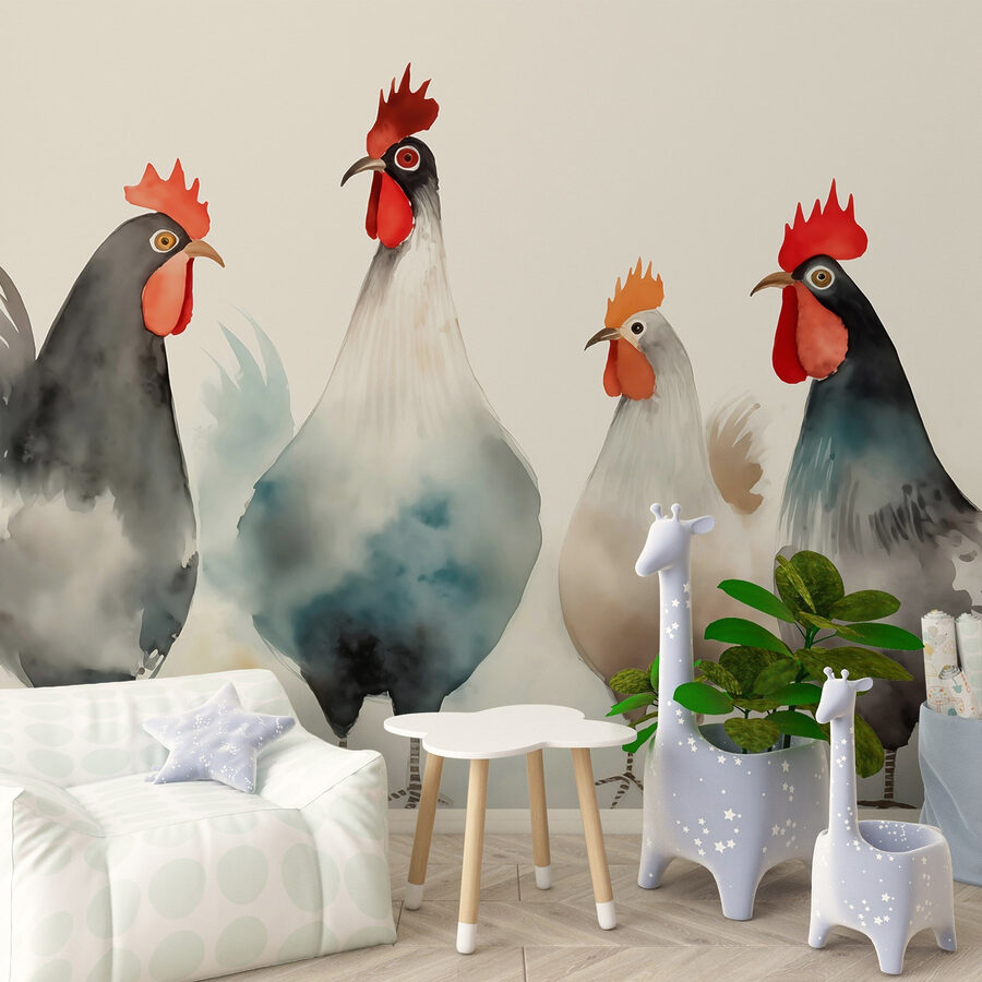 Groupe de poulets aux plumes rouges et blanches