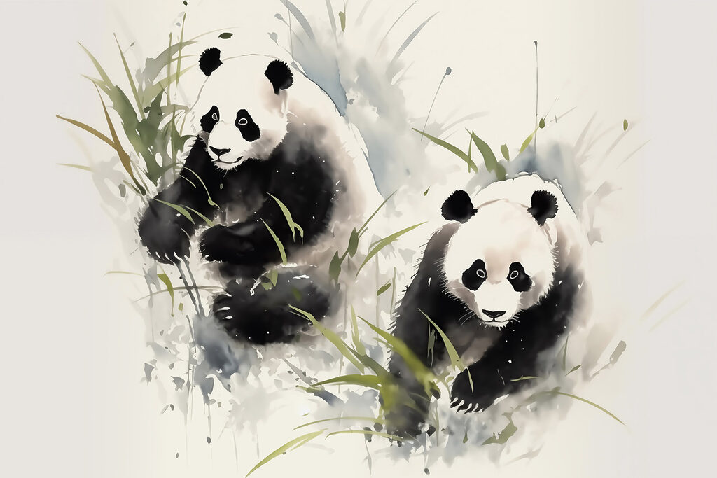 Couple de pandas dans l'herbe Couple de pandas dans l'herbe