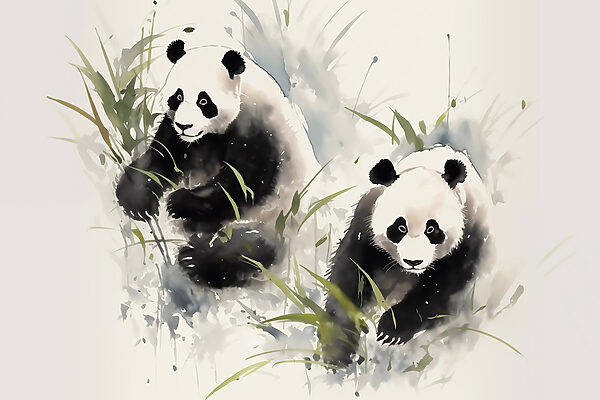Couple de pandas dans l'herbe Couple de pandas dans l'herbe