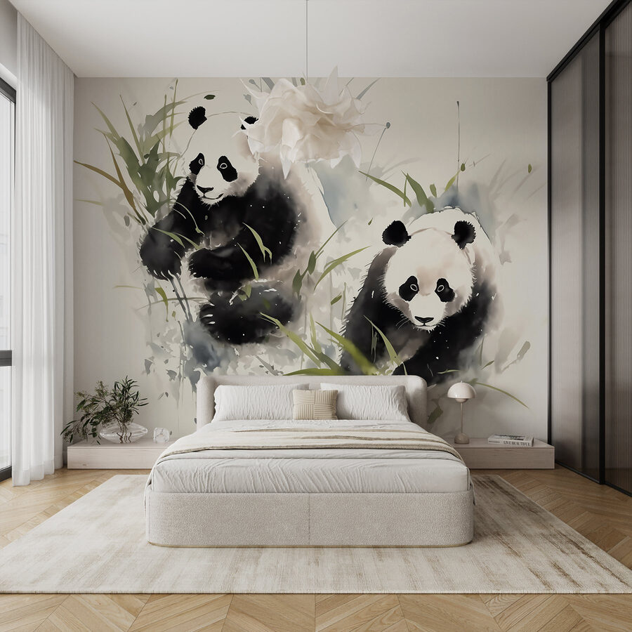 Couple de pandas dans l'herbe