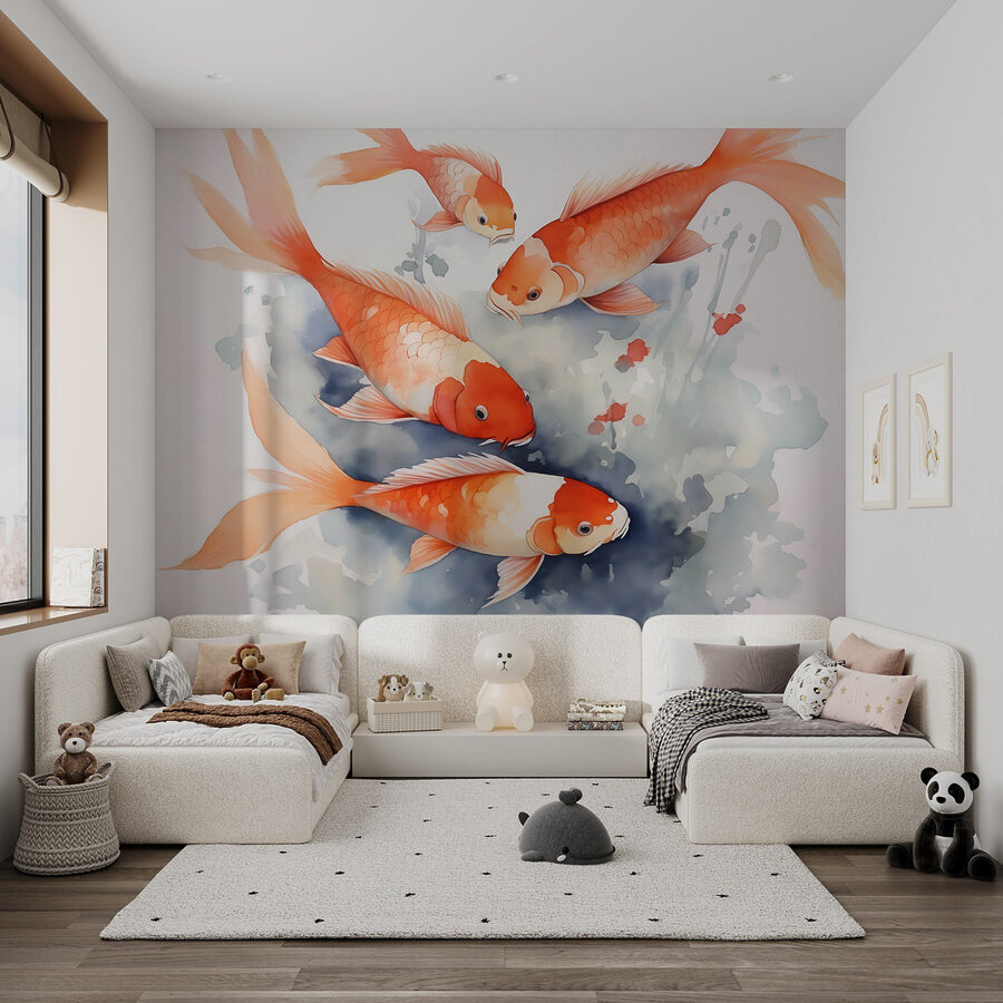 Groupe de poissons orange et blancs nageant dans l'eau