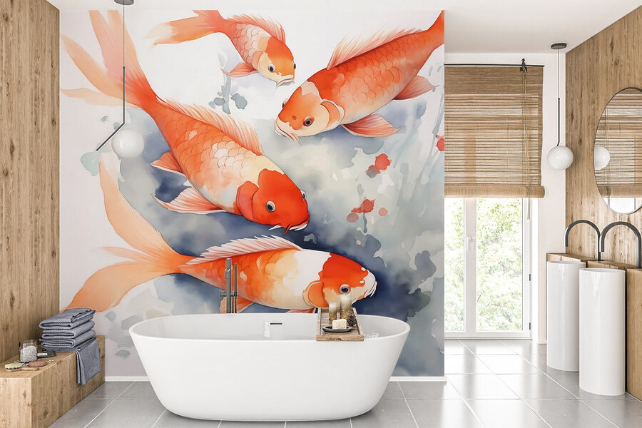 Groupe de poissons orange et blancs nageant dans l'eau
