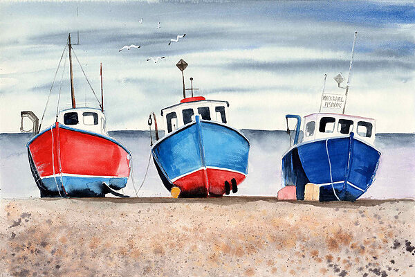 Aquarelle de bateaux sur une plage Aquarelle de bateaux sur une plage