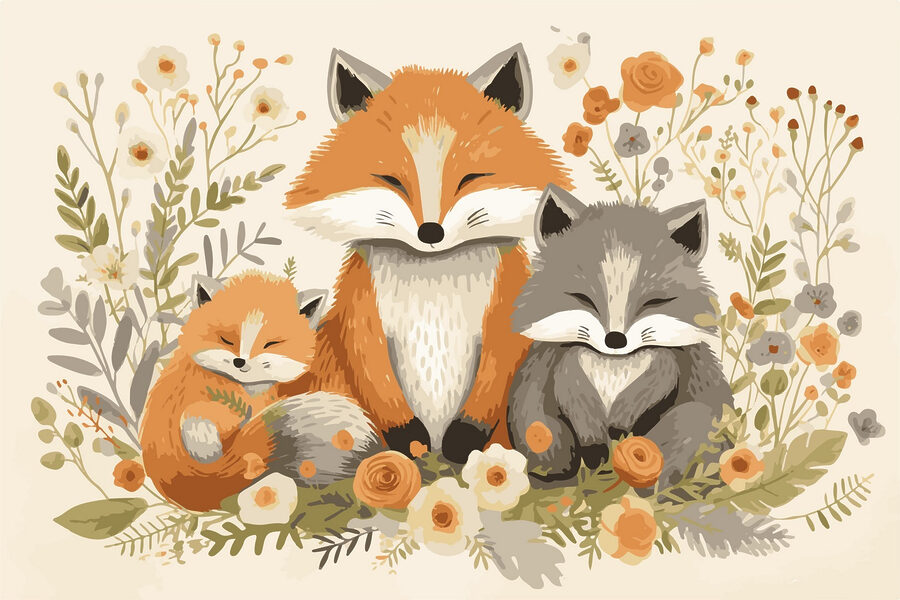 Papier peint Renard et bébé renard assis dans les fleurs – Image 3