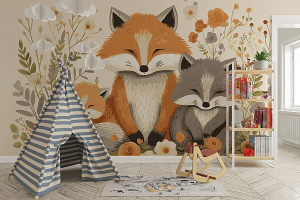 Renard et bébé renard assis dans les fleurs Renard et bébé renard assis dans les fleurs