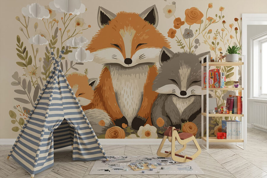 Papier peint Renard et bébé renard assis dans les fleurs