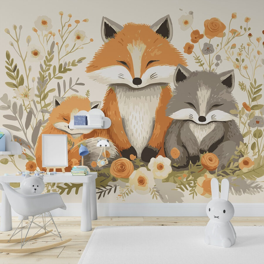 Papier peint Renard et bébé renard assis dans les fleurs – Image 2
