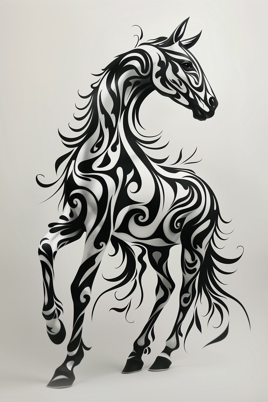 Cheval noir et blanc avec tourbillons
