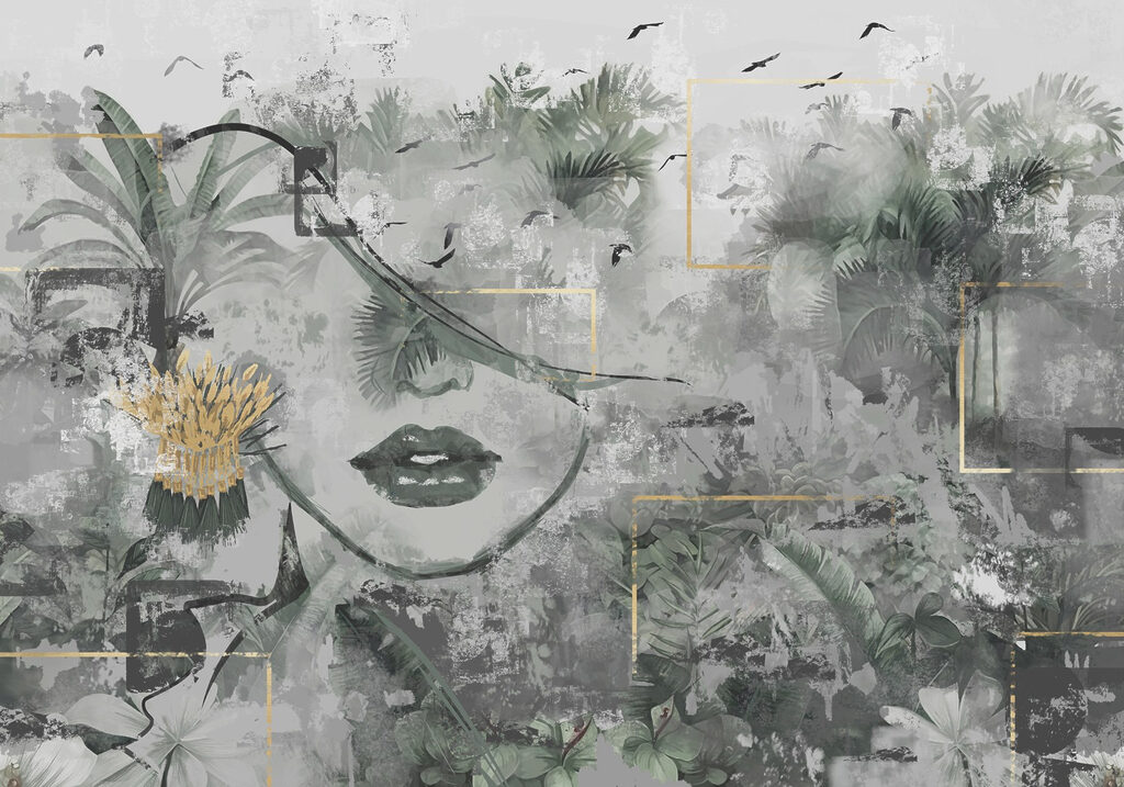 Peinture d'un visage de femme et de plantes Peinture d'un visage de femme et de plantes
