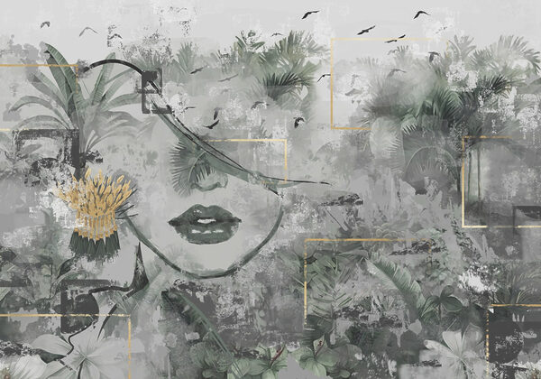 Peinture d'un visage de femme et de plantes Peinture d'un visage de femme et de plantes