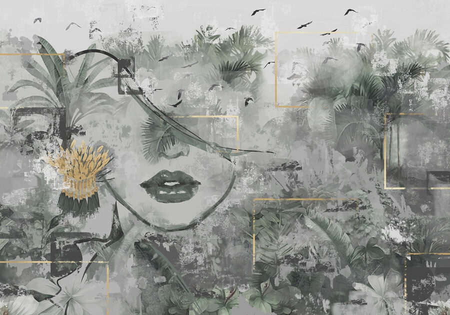 Peinture d'un visage de femme et de plantes