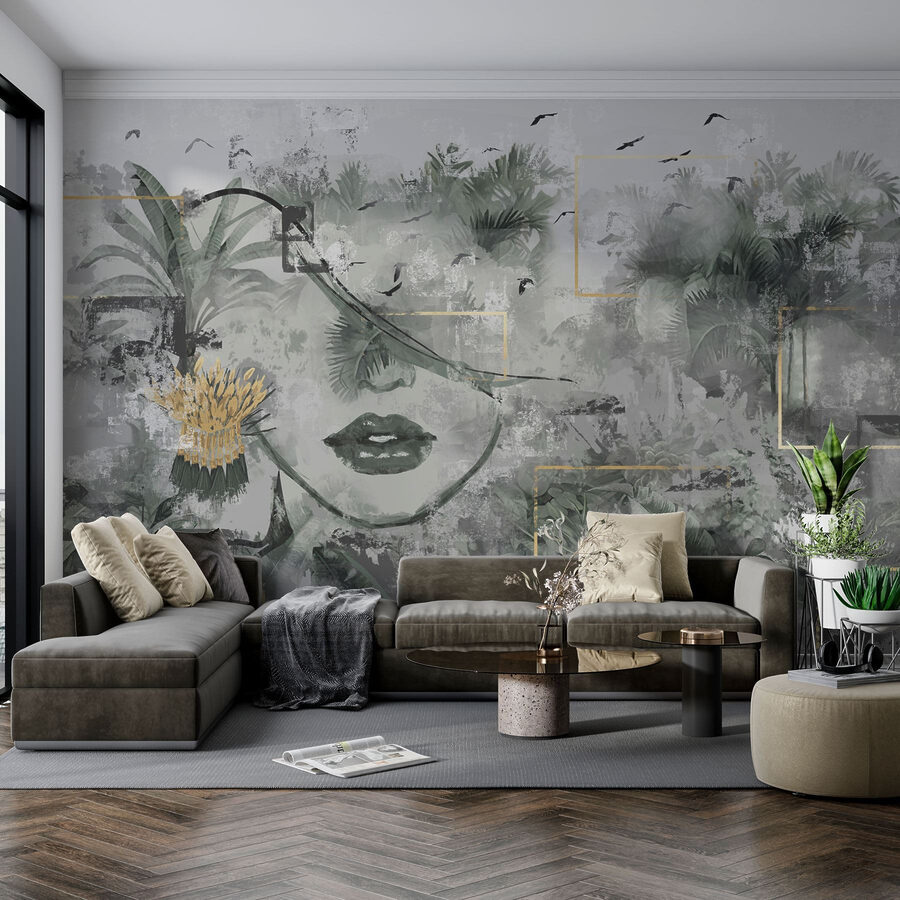 Peinture d'un visage de femme et de plantes