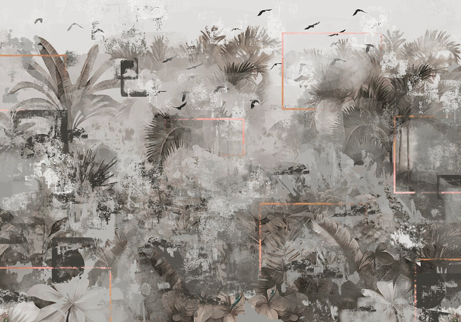 Papier peint gris et blanc avec des oiseaux qui volent