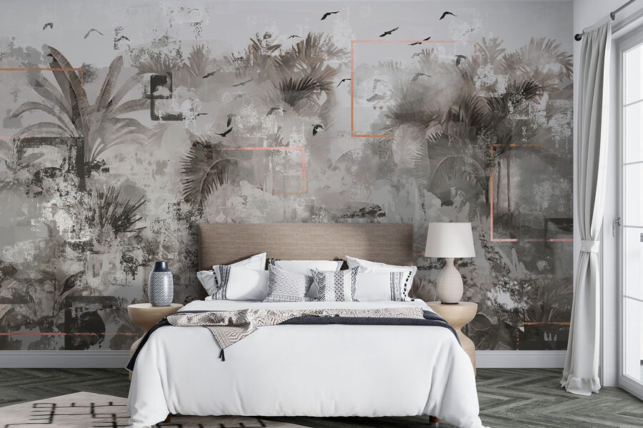 Papier peint gris et blanc avec des oiseaux qui volent