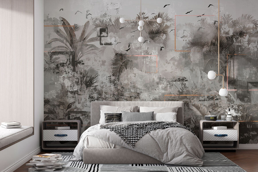 Papier peint gris et blanc avec des oiseaux qui volent