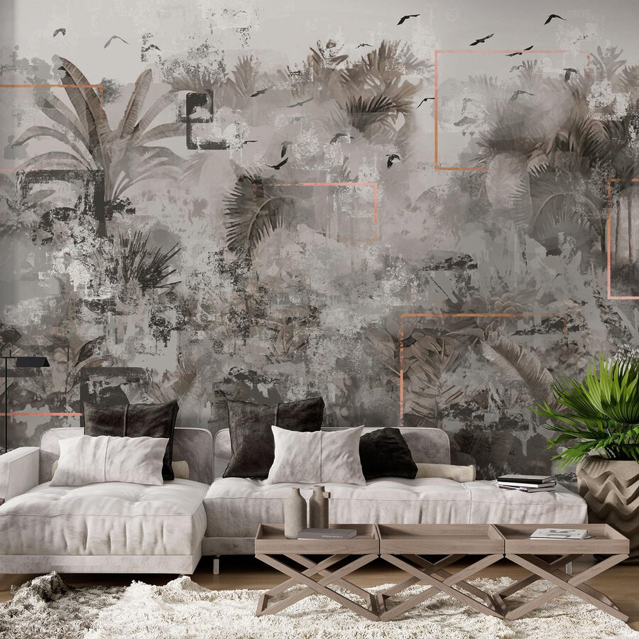 Papier peint gris et blanc avec des oiseaux qui volent