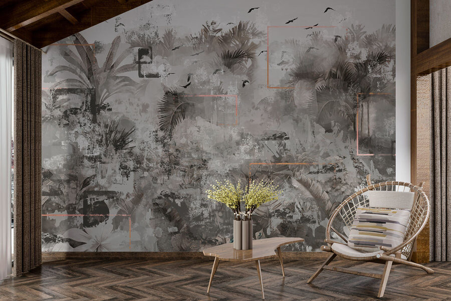 Papier peint gris et blanc avec des oiseaux qui volent