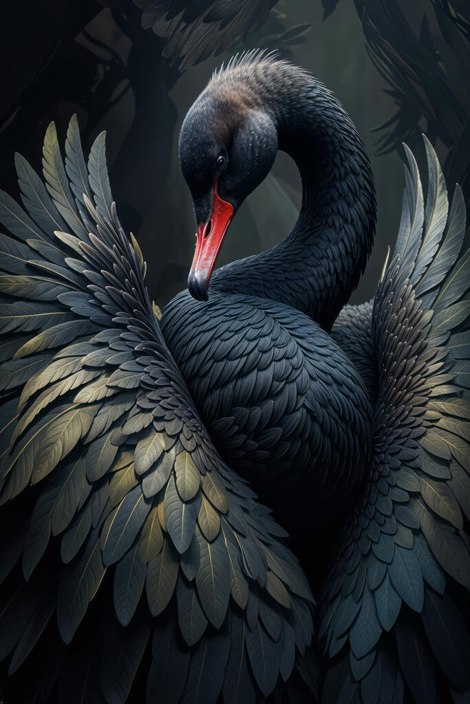 Black swan with a red beak