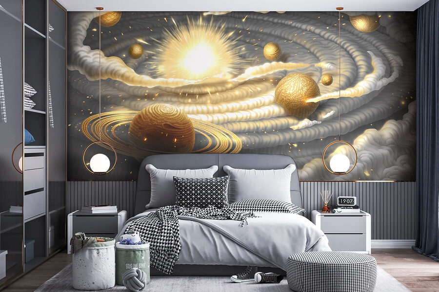 Planète avec des anneaux et des étoiles dans le ciel