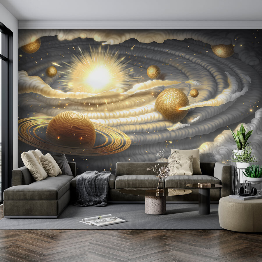 Planète avec des anneaux et des étoiles dans le ciel