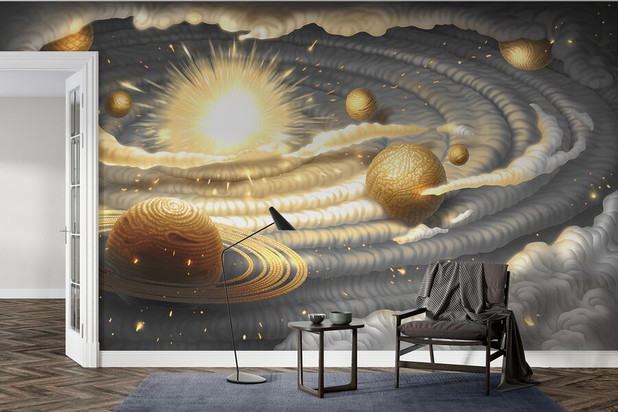 Planète avec des anneaux et des étoiles dans le ciel
