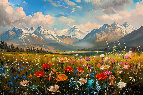 Champ de fleurs avec des montagnes en arrière-plan Champ de fleurs avec des montagnes en arrière-plan
