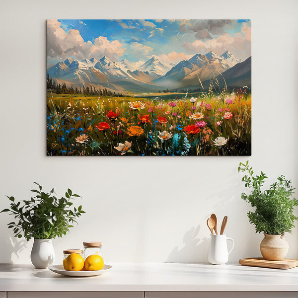 Champ de fleurs avec des montagnes en arrière-plan Champ de fleurs avec des montagnes en arrière-plan