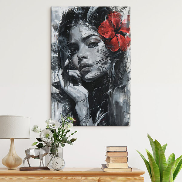 Peinture d'une femme avec une fleur rouge dans les cheveux Tableaux Peinture d'une femme avec une fleur rouge dans les cheveux