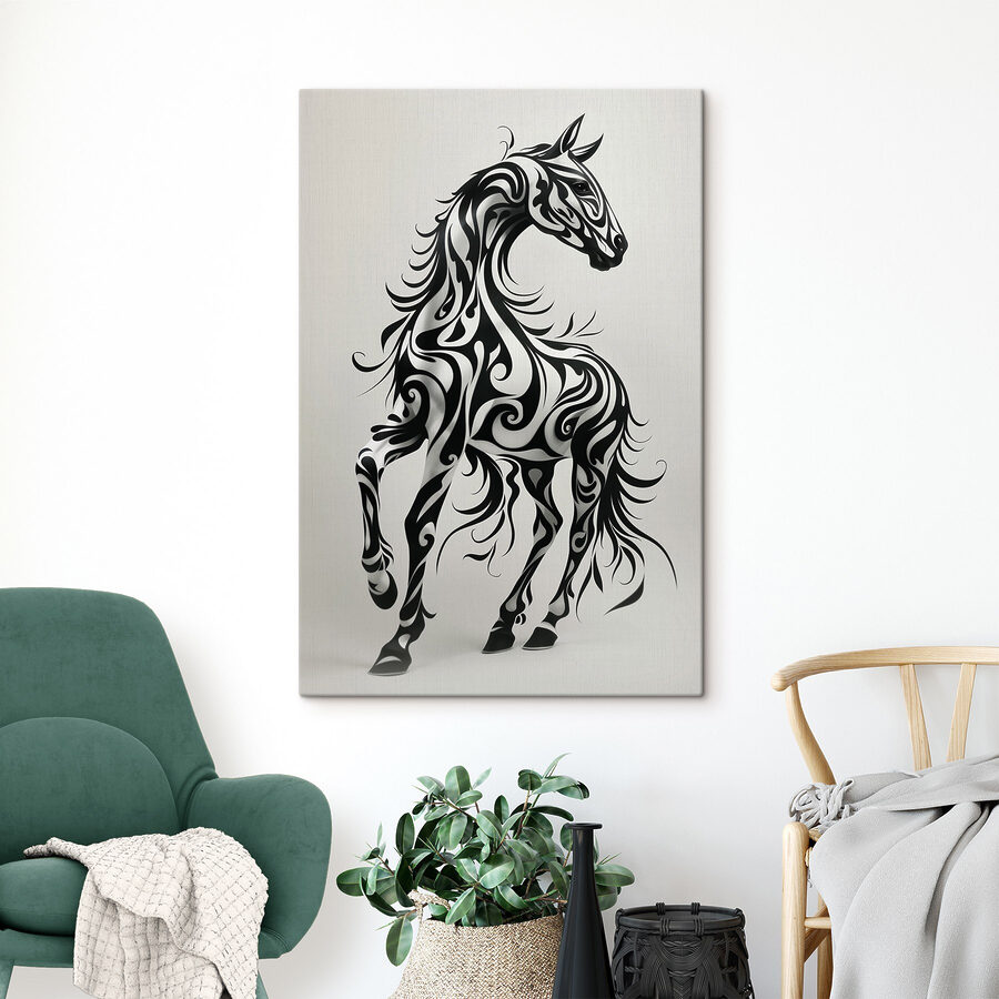 Cheval noir et blanc avec tourbillons