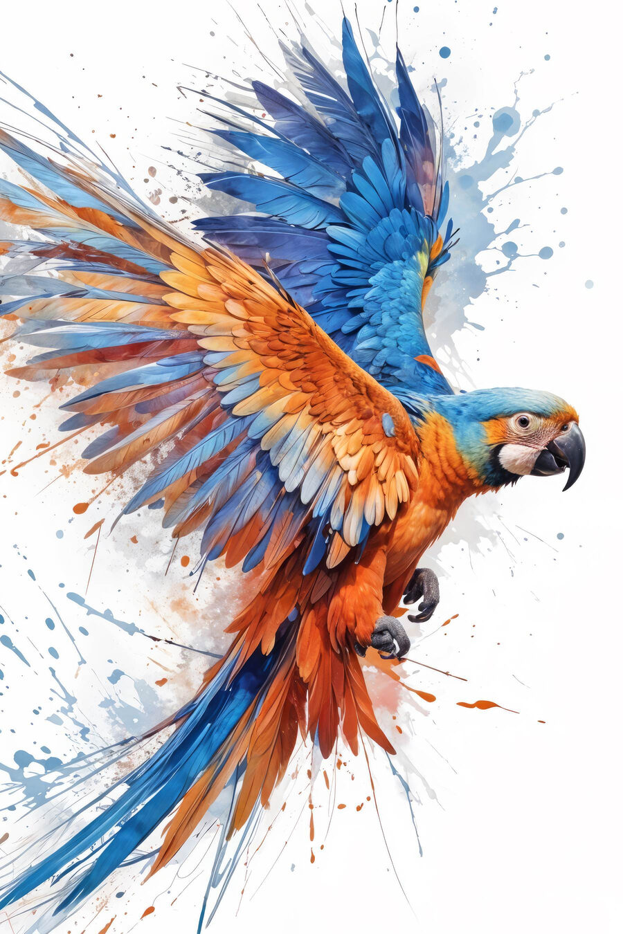 Oiseau coloré volant avec des éclaboussures de peinture