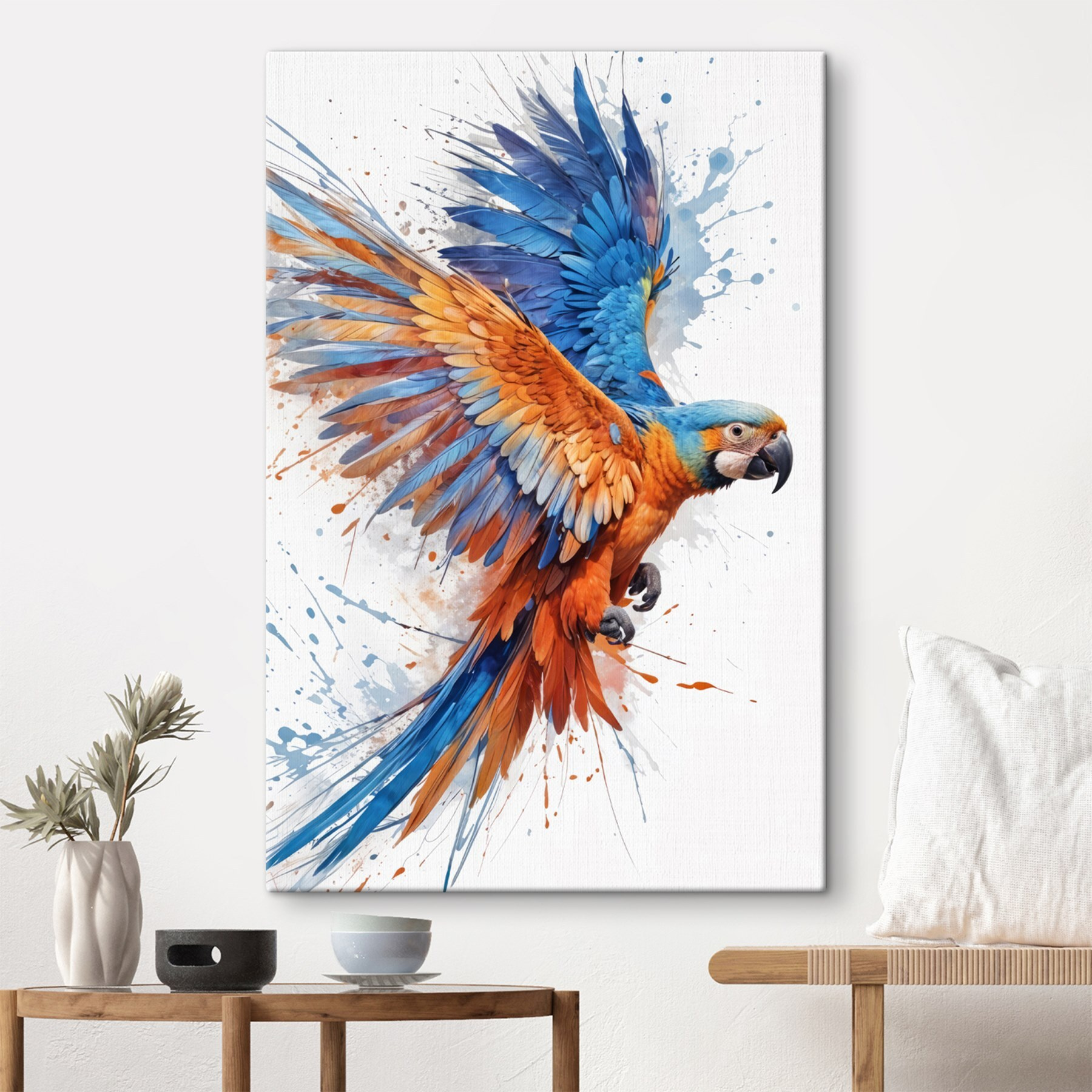 Colorful bird flying with paint splashes