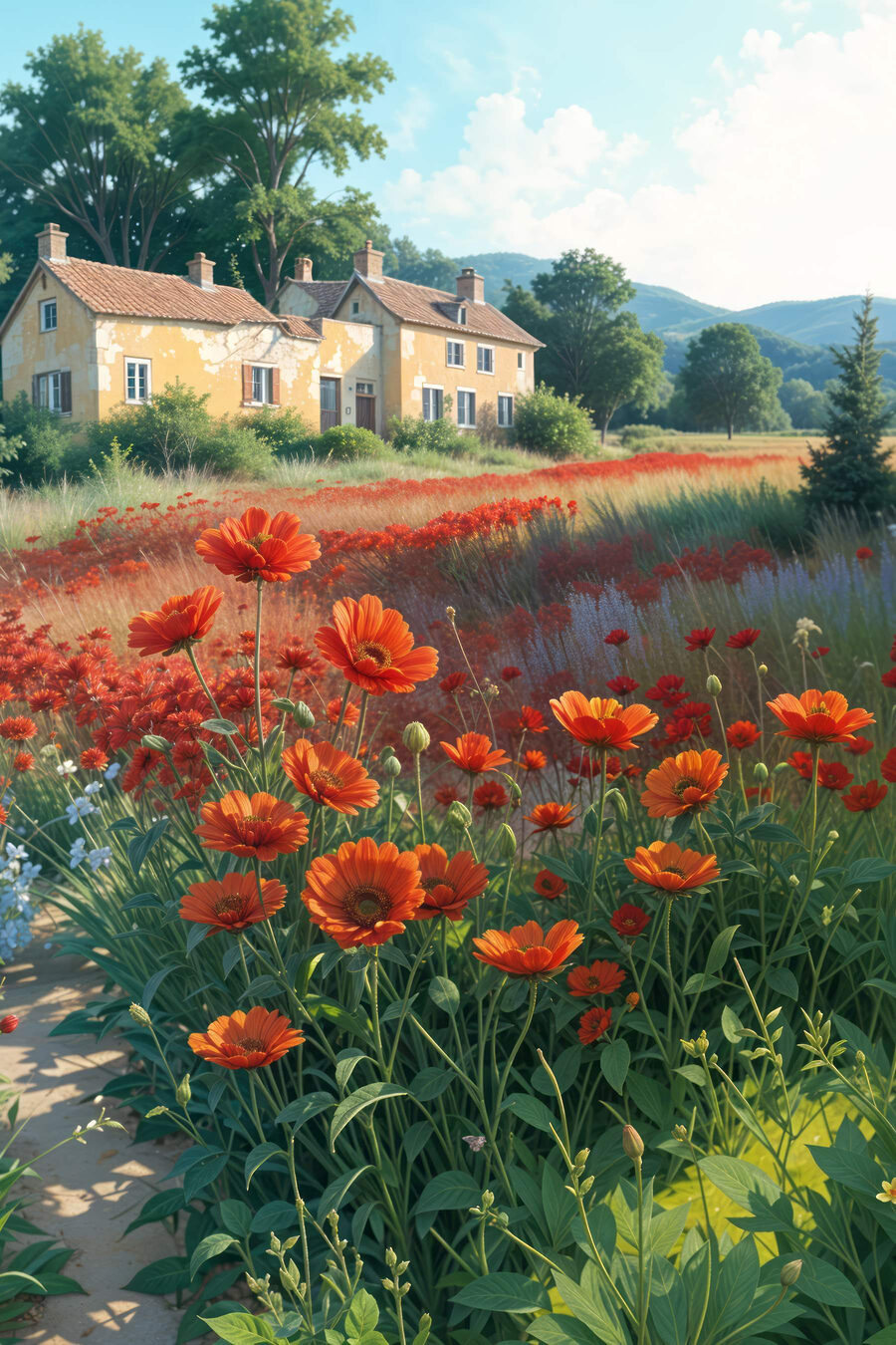 Champ de fleurs avec une maison en arrière-plan