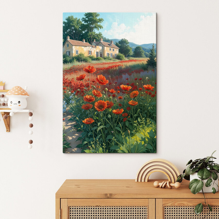 Champ de fleurs avec une maison en arrière-plan
