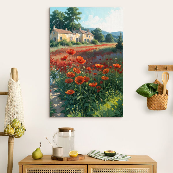 Champ de fleurs avec une maison en arrière-plan Champ de fleurs avec une maison en arrière-plan