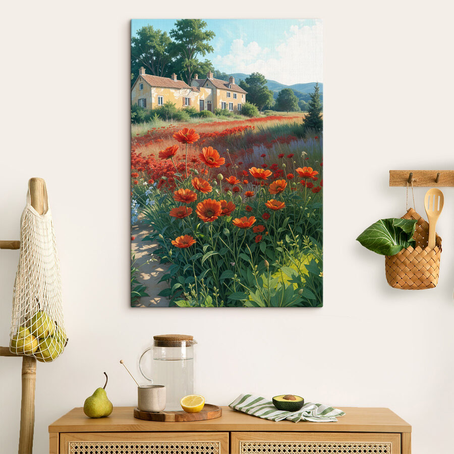 Champ de fleurs avec une maison en arrière-plan