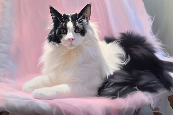Chat noir et blanc couché sur une couverture rose Chat noir et blanc couché sur une couverture rose