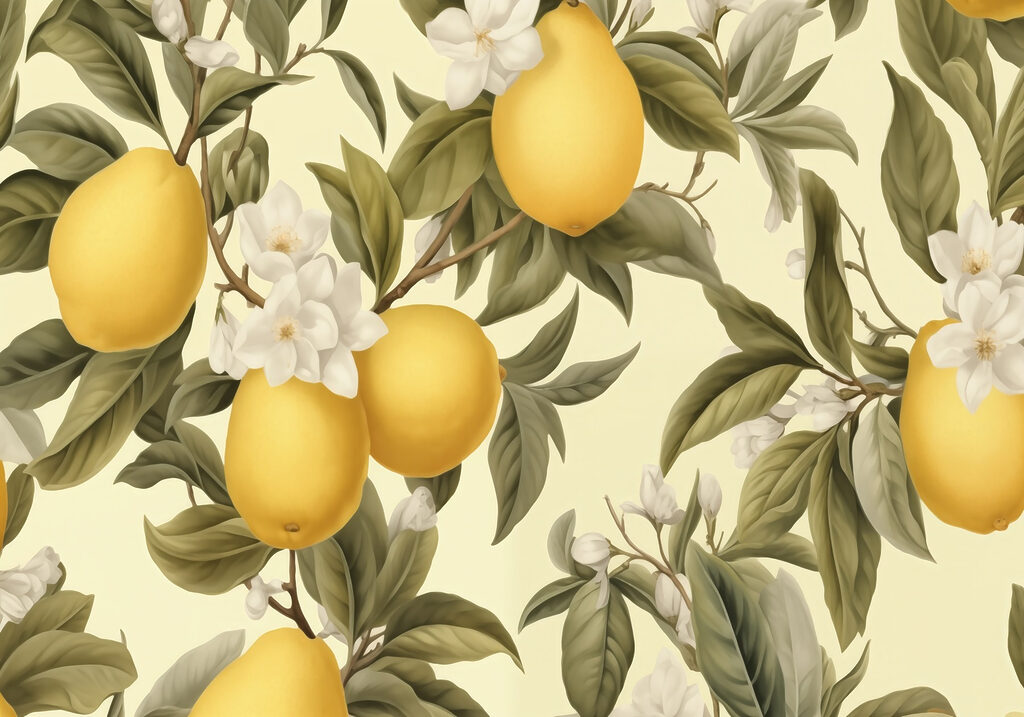 Papier peint avec des citrons et des fleurs Papier peint avec des citrons et des fleurs