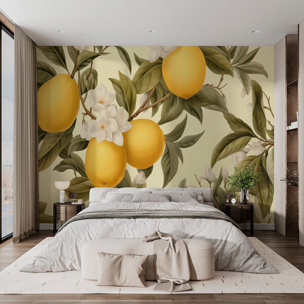 Papier peint avec des citrons et des fleurs Papier peint avec des citrons et des fleurs