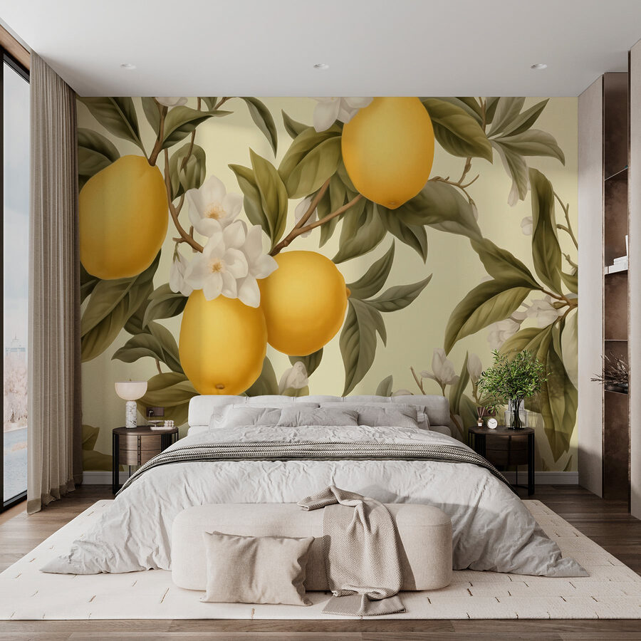 Papier peint avec des citrons et des fleurs