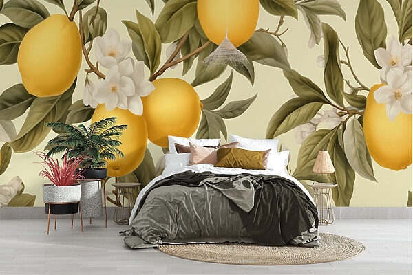 Papier peint avec des citrons et des fleurs Papier peint avec des citrons et des fleurs