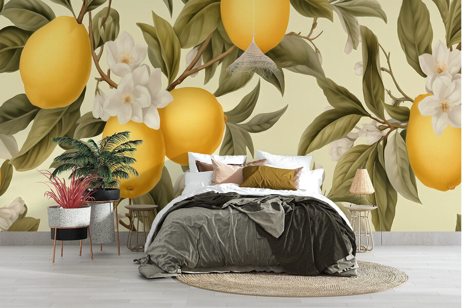 Papier peint avec des citrons et des fleurs