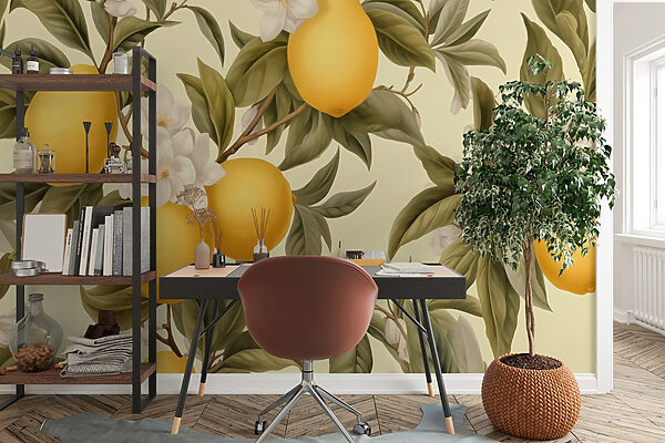 Papier peint avec des citrons et des fleurs Papier peint avec des citrons et des fleurs